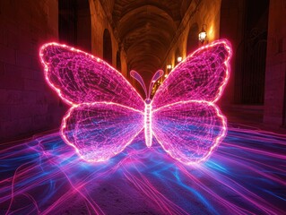 Poster - Light trails creating a butterfly shape urban setting digital art nighttime aesthetic concept