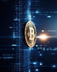 Poster - Golden bitcoin symbol rising vertically amidst digital landscape technology environment futuristic viewpoint