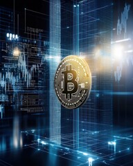 Poster - Golden bitcoin symbol emerging vertically from glowing data streams in a high-tech financial environment