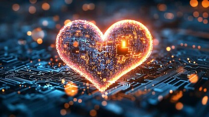 Poster - Heart made of glowing circuits represents emotion and technology in digital art