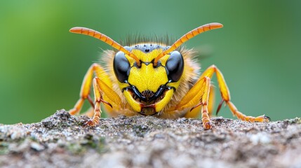 Close-up of a yellow wasp on a rock.