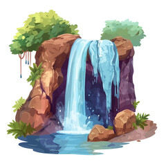 Canvas Print - A watercolor painting of a waterfall cascading into a lagoon, isolated on a white background. Waterfall lagoon vector.
