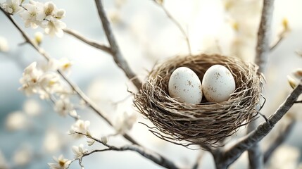 Easter eggs in bird nest on tree branches with white bright background. 3d rendering 