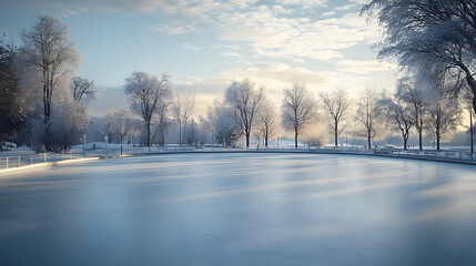 Wall Mural - a serene morning scene of an empty ice rink surrounded by snow, waiting for skaters.