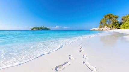 Sticker - Pristine beach with footprints, turquoise water, and tropical vegetation.