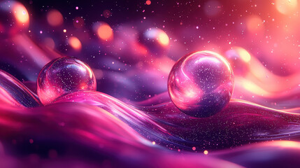 Wall Mural - Cosmic Spheres: Two glistening orbs, awash in a sea of vibrant pink and purple, shimmer with ethereal light.  The spheres, like celestial bodies, rest upon a shimmering surface.