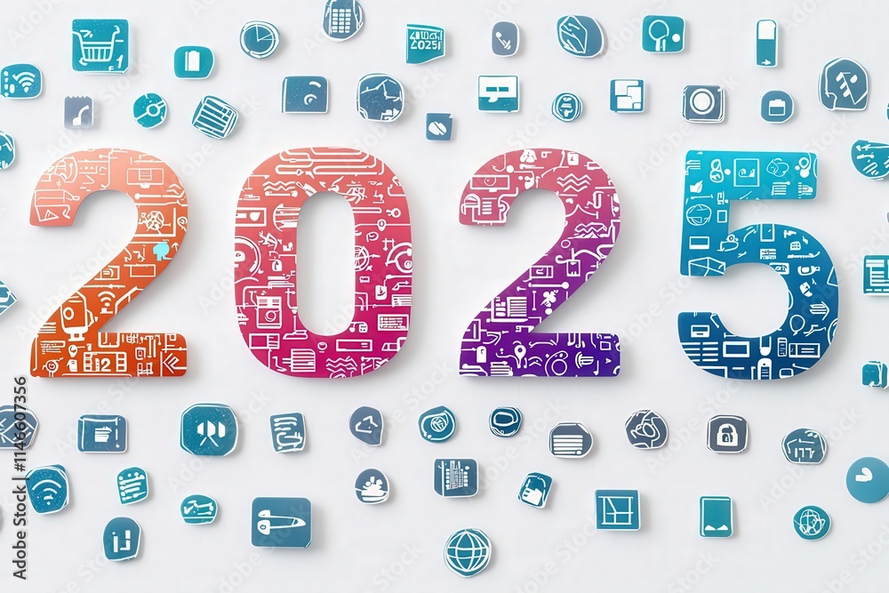 Bright colorful numbers representing 2025 stand out against a light background, surrounded by various technology icons. This modern design reflects the advancements anticipated for the year ahead.
