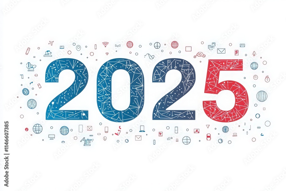 The year 2025 is prominently displayed in a modern design, featuring technology-related icons surrounding the numbers.