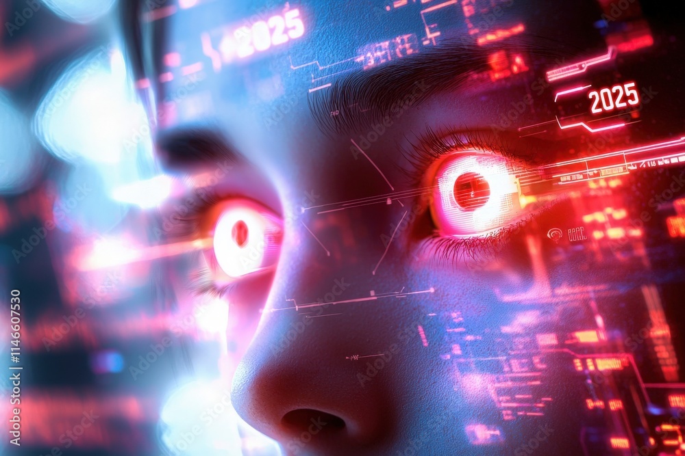 A close-up view of a womans face featuring glowing red eyes and intricate digital patterns surrounding her. The background hints at a high-tech environment, emphasizing innovation and excitement.