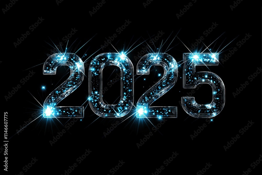 A dazzling display of the year 2025 is highlighted with sparkling light effects against a black backdrop, creating a festive and celebratory atmosphere perfect for New Years events.