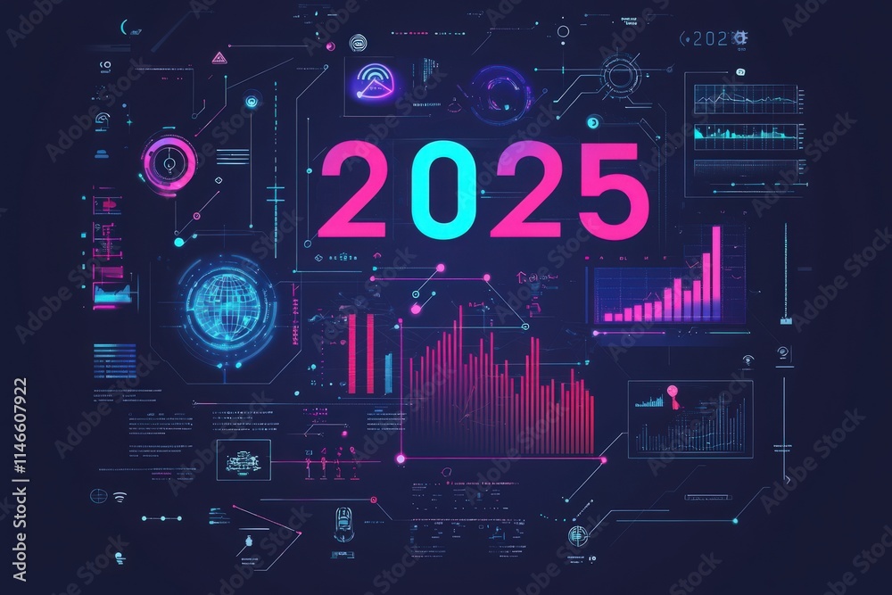 A vibrant graphical display represents data projections and trends for the year 2025. Various charts, graphs, and digital elements illustrate future insights and analytics in technology.