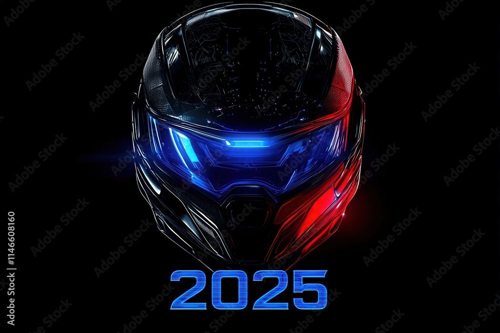 A sleek helmet with vibrant blue and red lights represents innovative design for the year 2025. The futuristic aesthetic emphasizes modern technology and bold creativity.