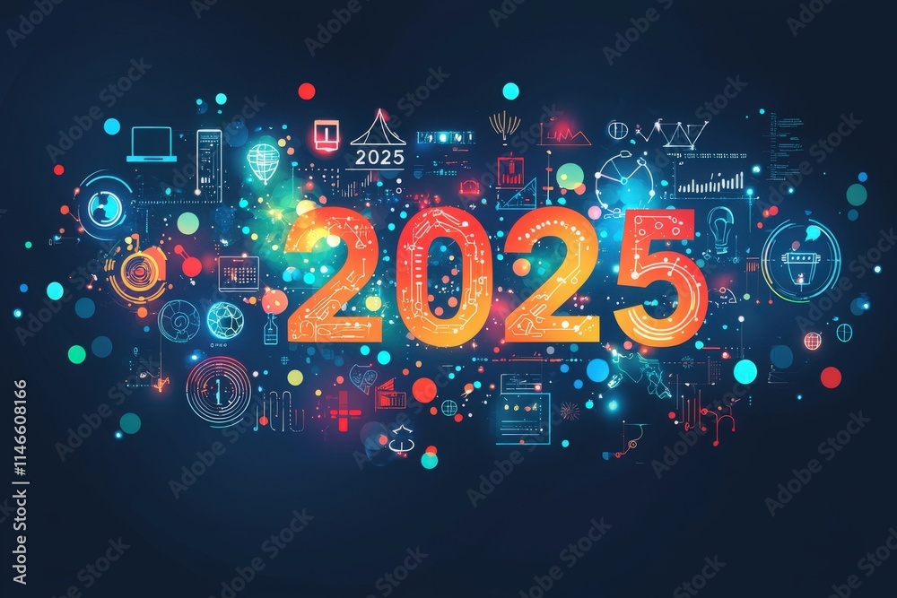 A colorful digital collage features the year 2025 prominently, surrounded by icons and graphics representing technology, data analysis, and futuristic innovations, showcasing a vision of progress.