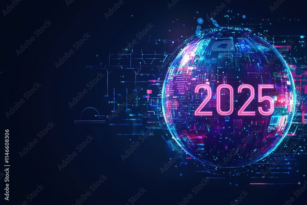 A vibrant digital globe is highlighted against a dark background, featuring bright colors and intricate patterns.