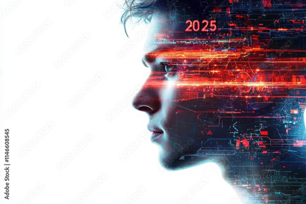 A young man gazes thoughtfully to the side, surrounded by vibrant digital graphics representing data and technology. The date 2025 appears prominently, suggesting a vision of the future.