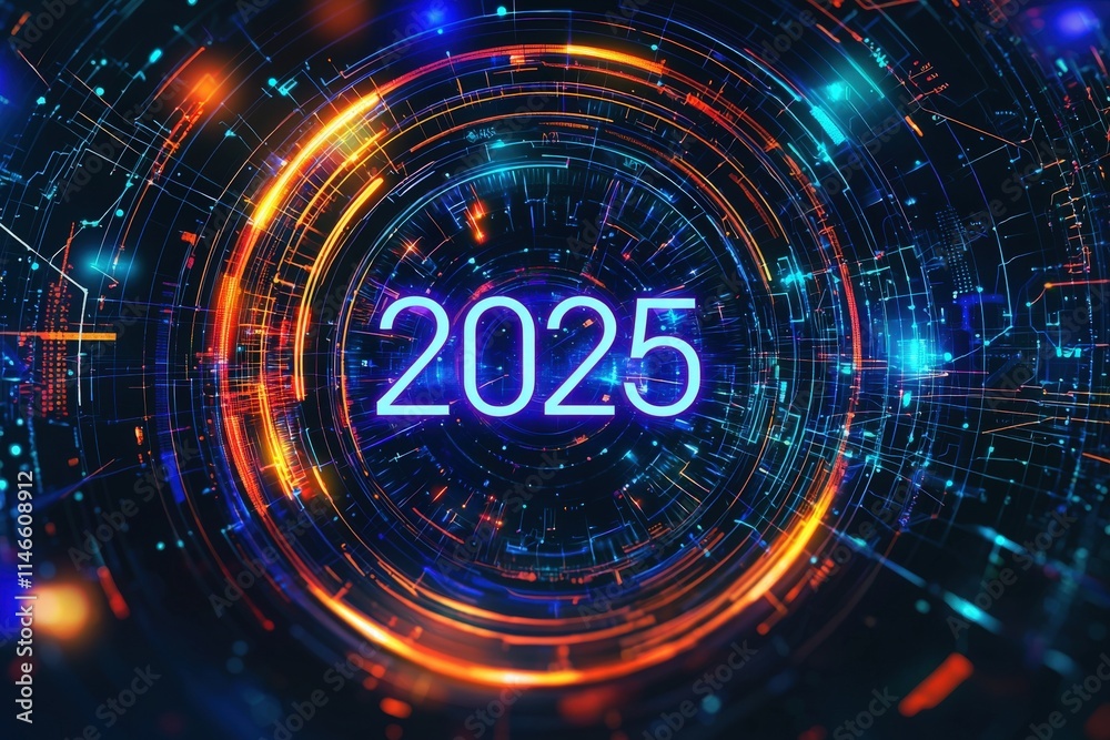Vibrant digital artwork illustrates the year 2025 within a circular design, showcasing glowing patterns and colors. The futuristic visuals create a sense of innovation and anticipation.