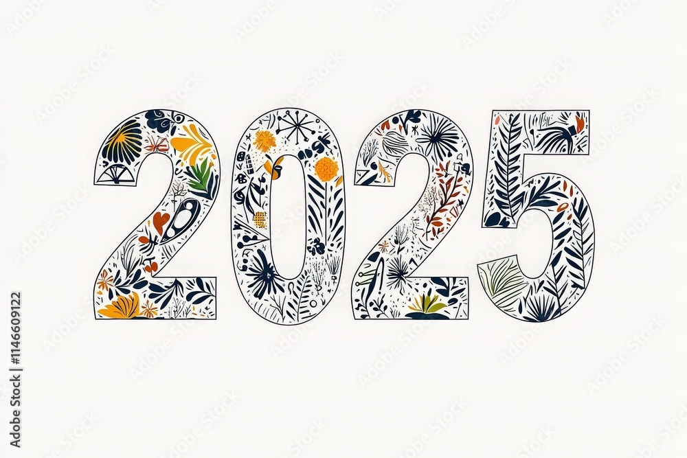 A vibrant artistic representation of the year 2025 showcases intricate floral patterns and lively colors, creating a visually appealing design. The display captures a joyful and creative essence.