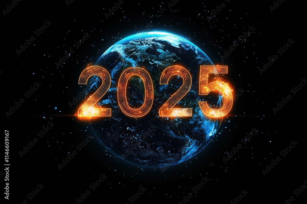 A vibrant depiction of Earth surrounded by glowing orange numbers that read 2025. The dark background is filled with stars, showcasing a futuristic vision for the upcoming year.