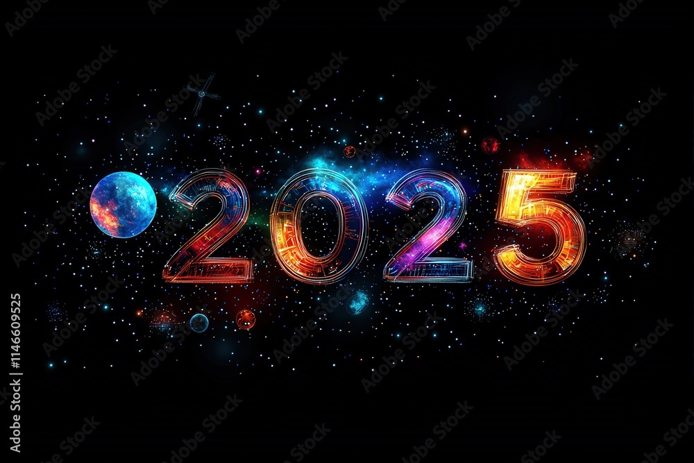 A dynamic and colorful representation of the year 2025, featuring cosmic elements like stars and planets set against a dark background, evoking a sense of excitement and wonder for the future.