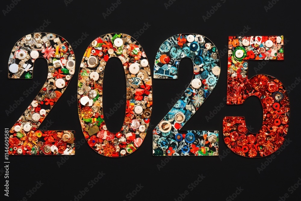 Colorful and diverse materials are arranged meticulously to create the number 2025. The vibrant pieces include buttons, beads, and various crafts, showcasing artistry and creativity.