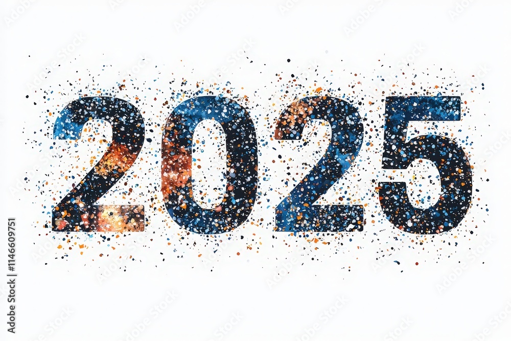 A colorful and creative depiction of the year 2025 showcases a mix of vibrant colors and cosmic imagery. The design features sparkling textures that evoke celebration and hope for the future.