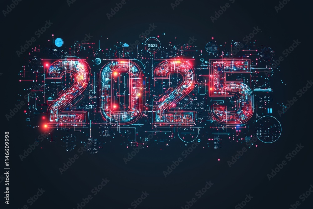Colorful digital design showcases the year 2025 with intricate circuitry patterns and glowing elements. The artwork emphasizes a modern technological aesthetic, perfect for showcasing future themes.