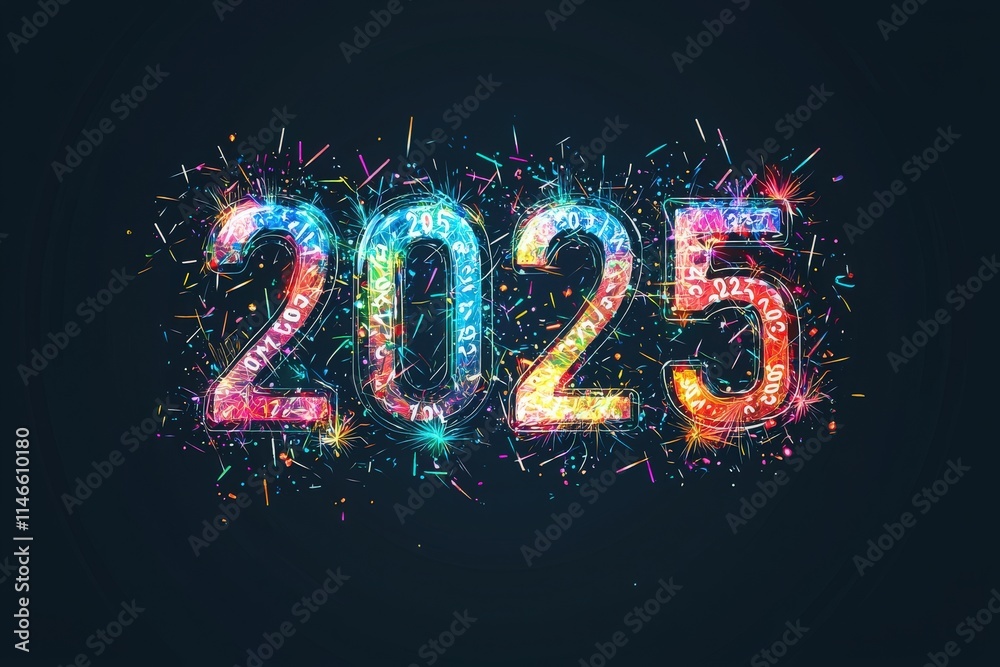 Bright fireworks light up the night sky as the numbers 2025 glow in a dazzling display, marking the arrival of the new year with joy and festivity.