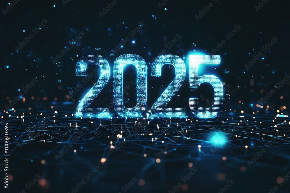 The display features the year 2025 in a luminous digital format, surrounded by a network of sparkles and connections. The scene conveys a futuristic theme, filled with vibrant energy.