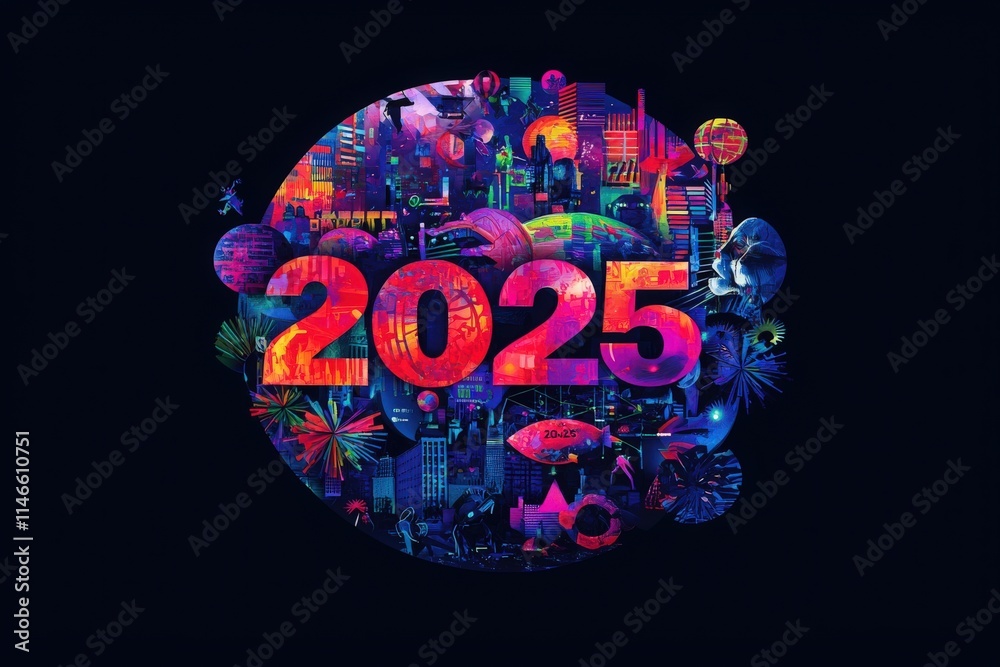 A colorful and dynamic artistic representation of the year 2025, showcasing futuristic cityscapes, nature elements, and vibrant designs that reflect a vision of the future.