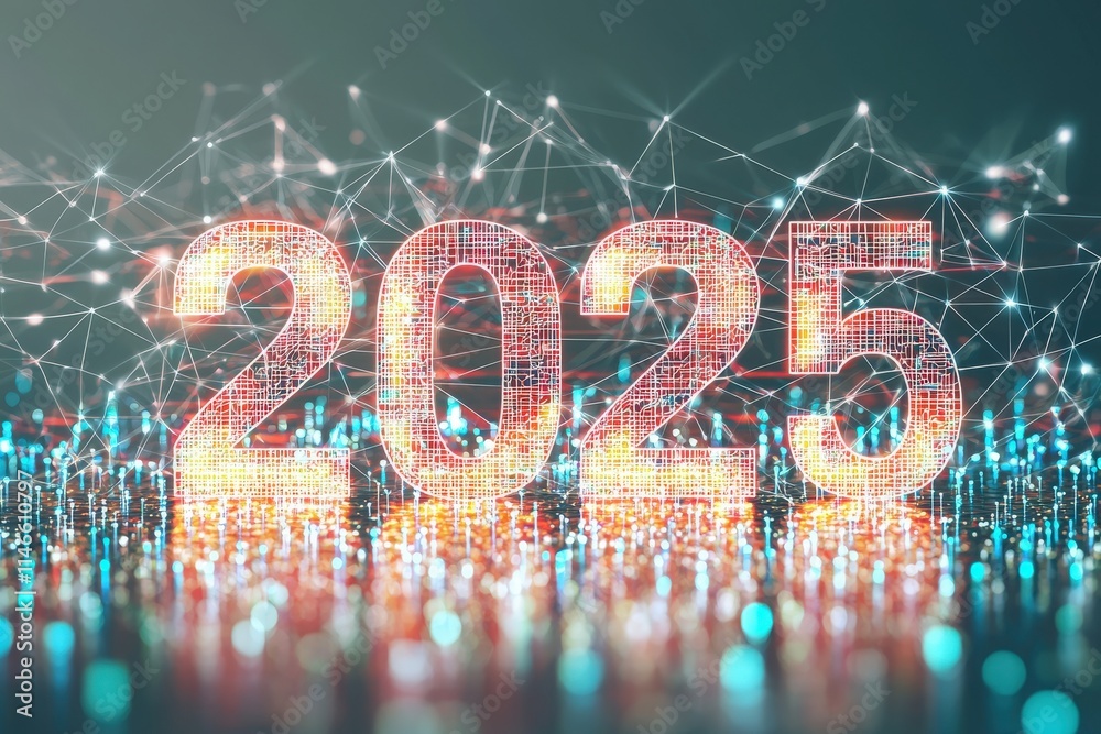The year 2025 is displayed in glowing, interconnected digits against a dark background. Colorful lights and lines create a vibrant, futuristic atmosphere, suggesting innovation and technology.