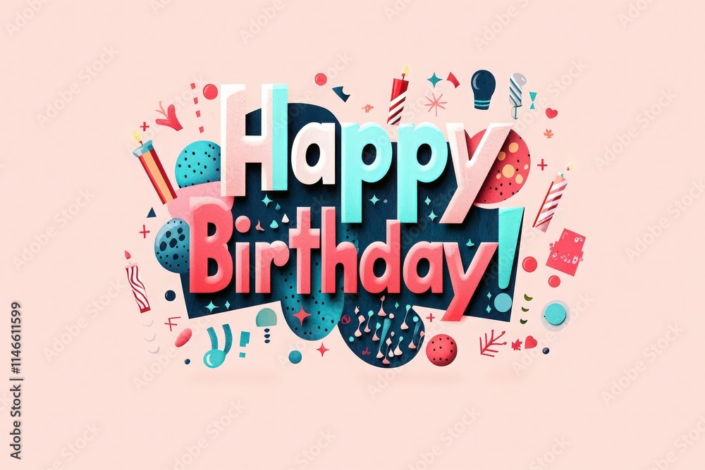 Bright and vibrant birthday greeting displays Happy Birthday surrounded by playful decorations like balloons and confetti. Perfect for celebrating a joyous occasion with friends and family.