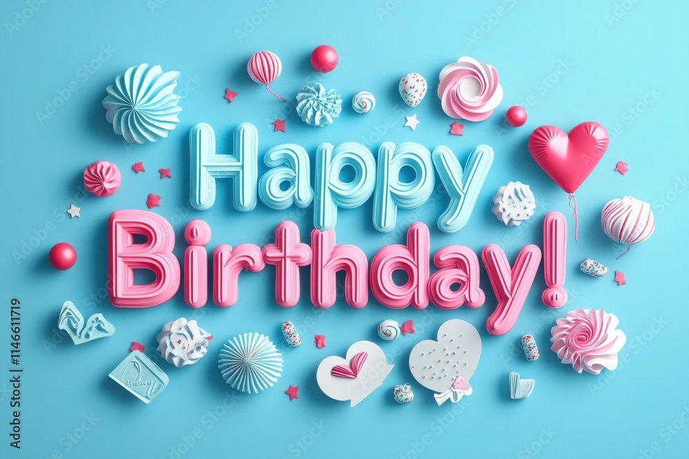 Bright and vibrant decorations spell out happy birthday with a mix of playful shapes and sweet designs. Colorful treats and hearts surround the cheerful wording, creating a festive atmosphere.