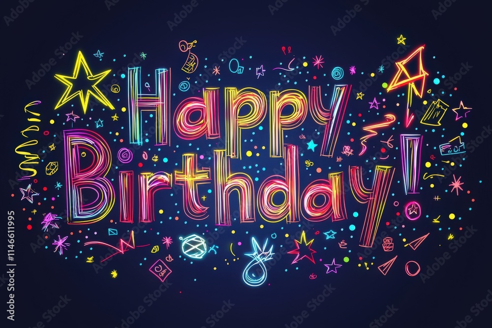 A vibrant birthday greeting showcases colorful letters decorated with stars, confetti, and party symbols. The festive design captures the joy and excitement of celebrating a special day.