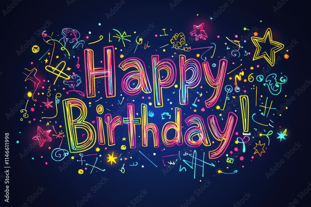 Vibrant birthday greeting features colorful lettering with a joyful design. The background showcases playful doodles and decorations that enhance the celebratory atmosphere.