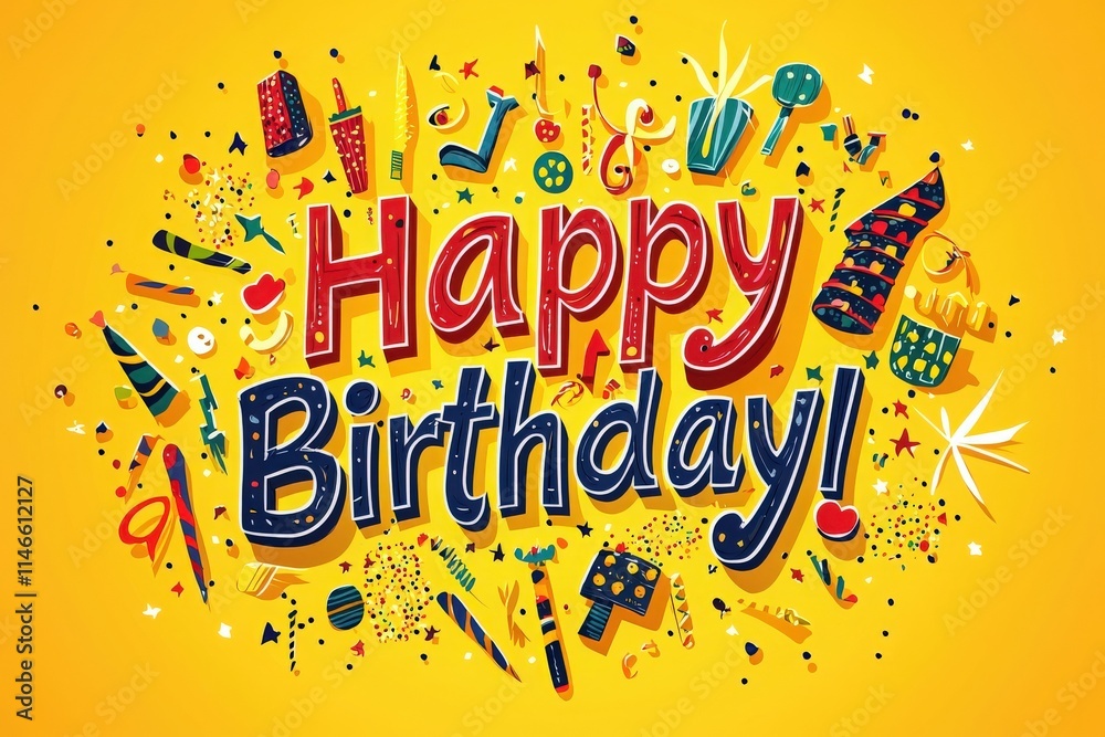 Bright yellow background with vibrant decorations and playful typography celebrating a birthday. Elements include balloons, confetti, and various party items, creating a joyful atmosphere.