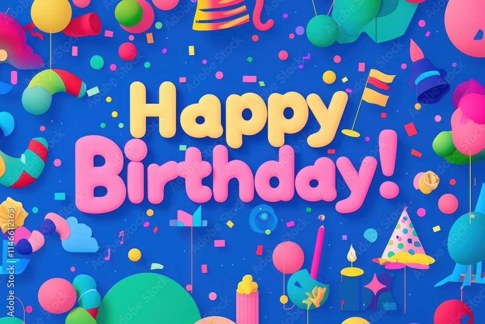 A festive birthday greeting featuring colorful shapes, balloons, and playful elements against a bold blue background. The joyful message Happy Birthday! invites celebration and joy.