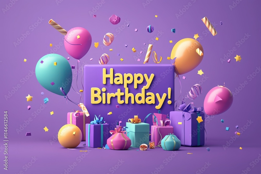 Bright balloons and gifts surround a bold birthday greeting in a fun, festive atmosphere. Colorful decorations create a joyful scene perfect for any birthday celebration.