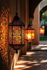 Poster - Ornate lanterns illuminate hallway;  shadowy patterns.