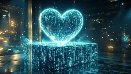 Poster - 4K AI generated glowing heart shape with binary code in a digital space at night