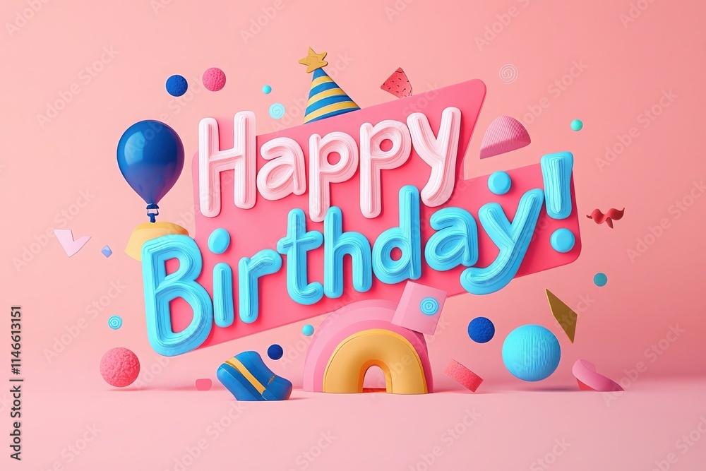 Vibrant birthday decorations feature playful elements like balloons and geometric shapes with a cheerful Happy Birthday message. This design creates a festive atmosphere for celebrations.