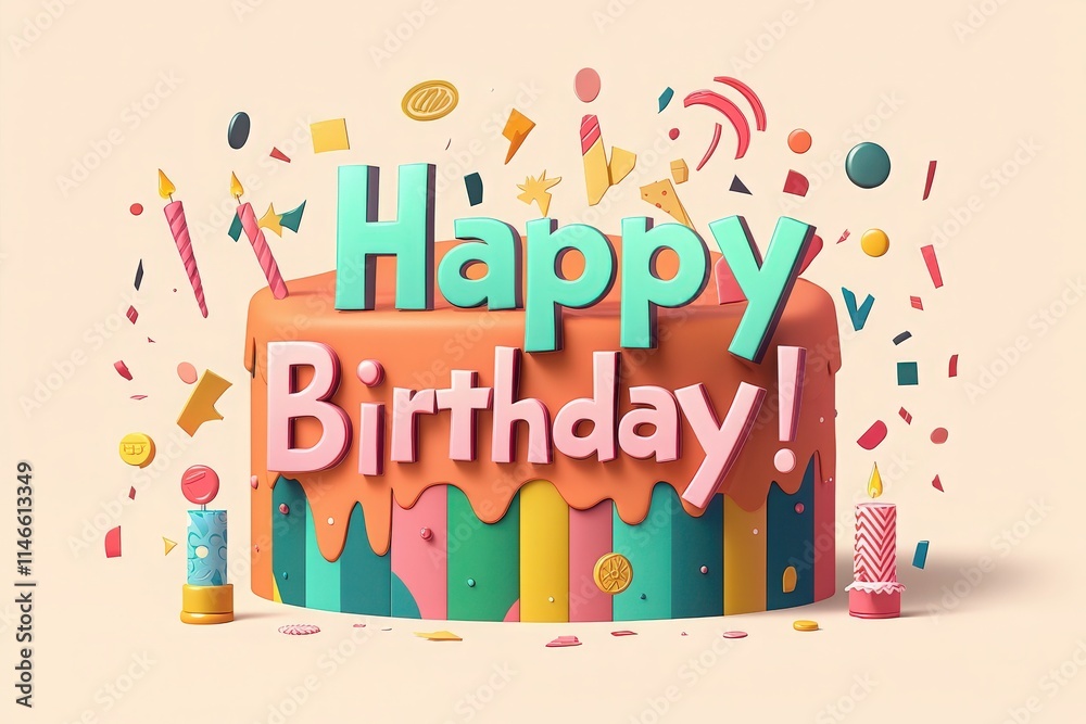 A vibrant birthday cake is adorned with cheerful decorations. Colorful confetti and candles surround the cake, creating a joyful atmosphere for a birthday celebration.