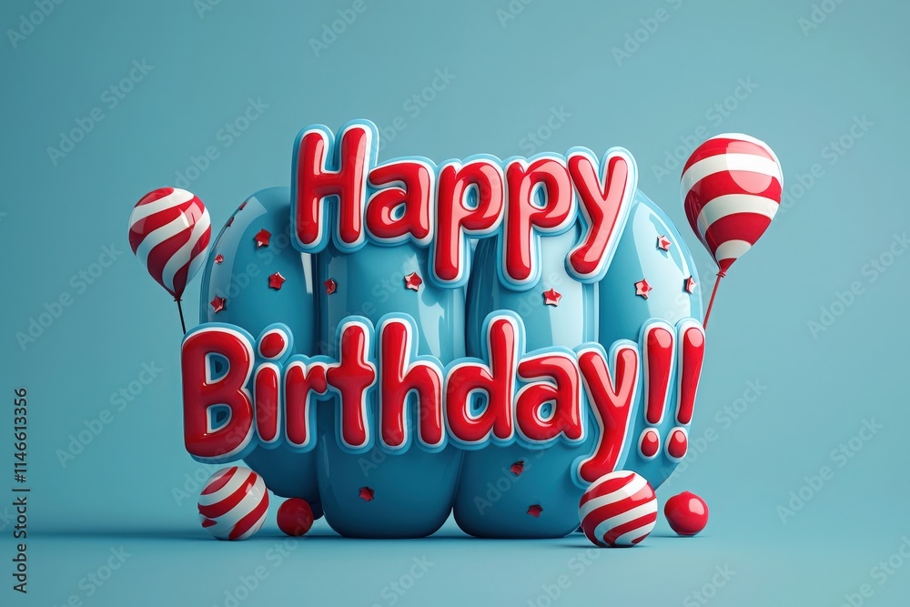 A vibrant happy birthday message stands out in bold letters, surrounded by red and white balloons on a soft blue background, creating a festive atmosphere perfect for celebrations.