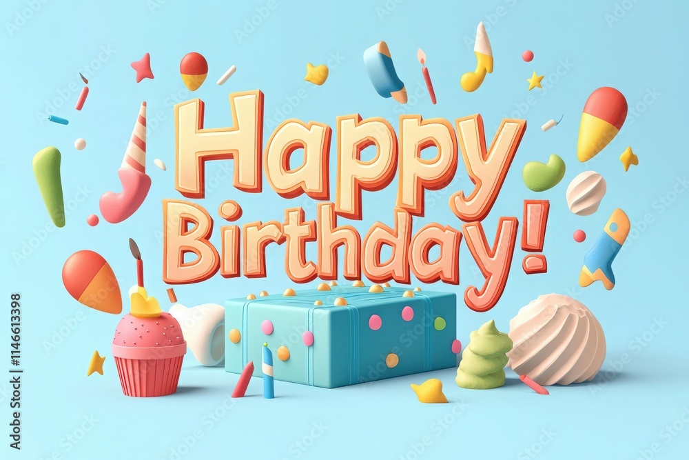 A vibrant birthday theme featuring colorful cake decorations, a gift box, and festive sweets against a blue background. The joyful display creates a fun atmosphere for celebration.