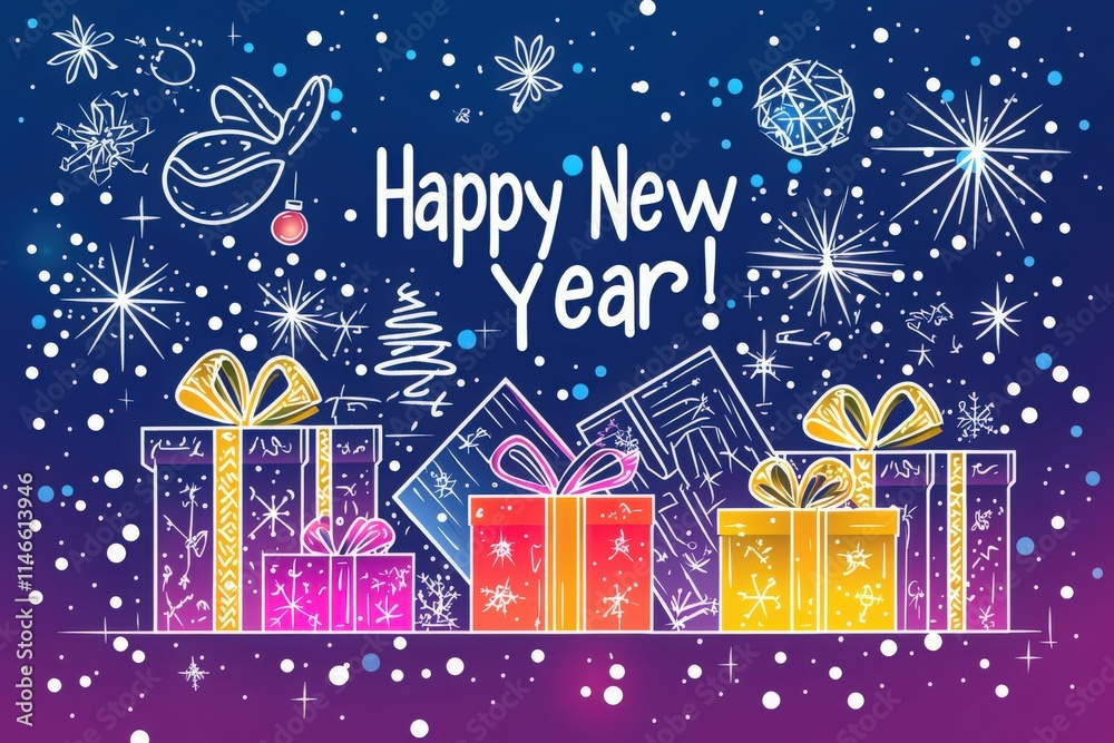 Vibrant illustrations showcase wrapped gifts adorned with bows against a starry background. The design captures the joy and excitement of welcoming the New Year with festive cheer.