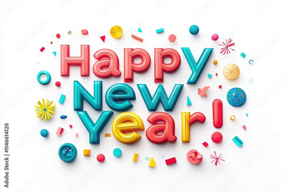 Festive letters spell out Happy New Year in vibrant colors surrounded by playful confetti shapes. This joyful design captures the excitement of New Years celebrations.