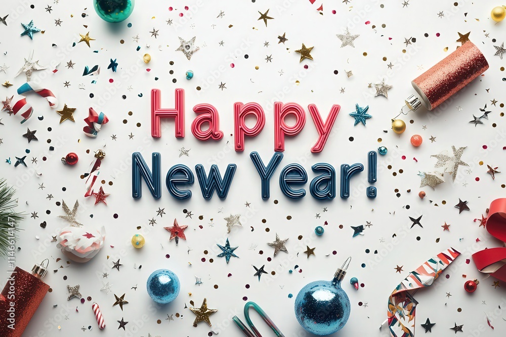 Festive decorations highlight a joyful New Year celebration, featuring colorful letters, confetti, and various ornaments scattered on a bright background, creating an atmosphere of excitement.