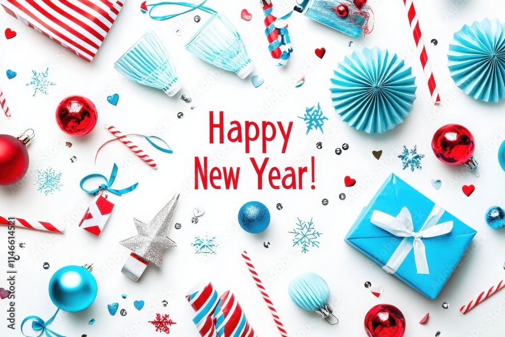 A festive arrangement features blue and red decorations, gift boxes, snowflakes, and cheerful symbols celebrating the New Year. Striped straws and ornaments add to the festive mood.