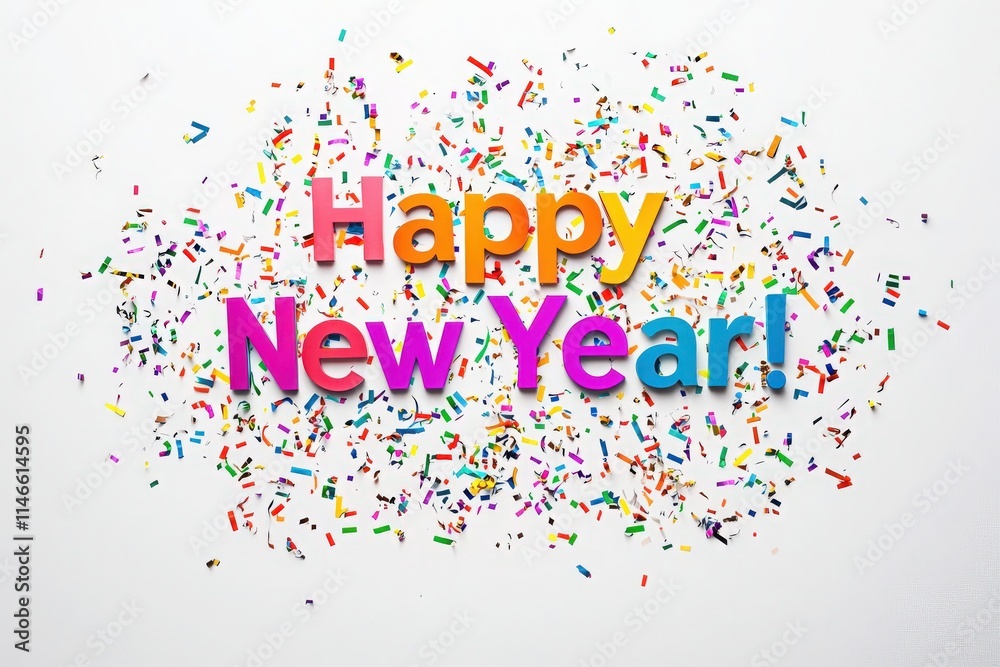 Brightly colored text expresses New Year greetings amidst falling confetti. The festive atmosphere captures the excitement and joy of welcoming a new year.