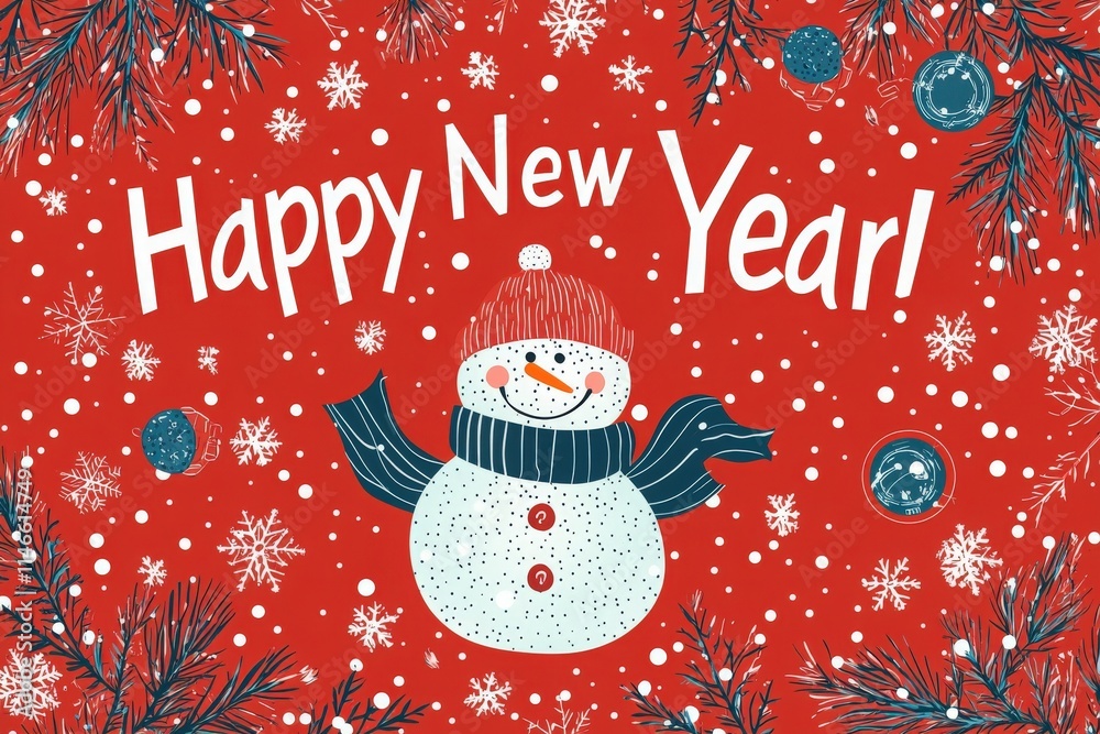 A colorful New Year greeting features a smiling snowman wearing a red hat and scarf against a bright red background. Snowflakes and decorations frame the cheerful message of Happy New Year.