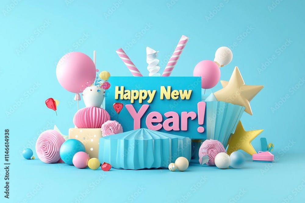 Bright and playful decorations mark the arrival of the New Year, featuring colorful balloons, cakes, and cheerful stars set against a light blue background, ideal for celebration.